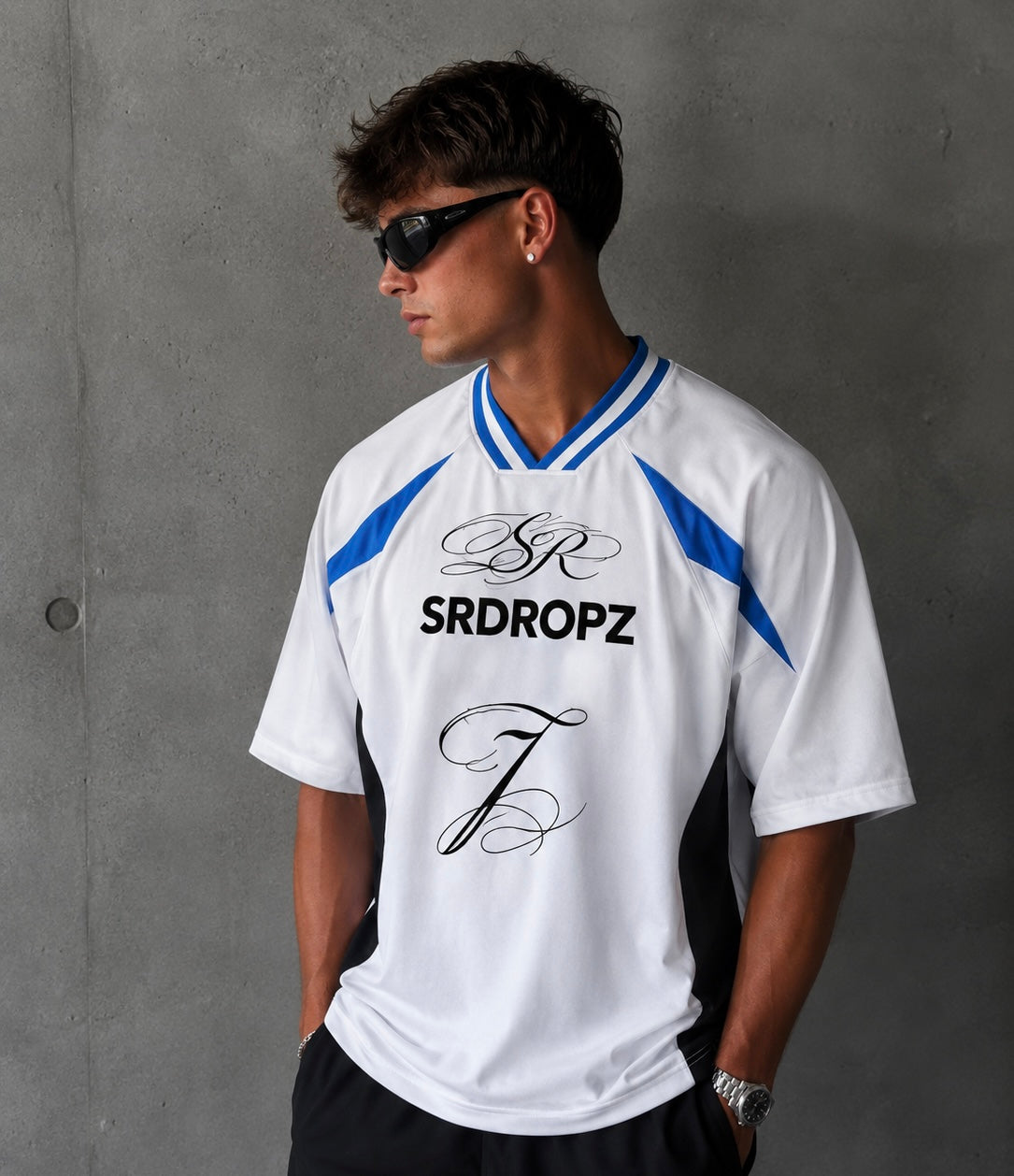 SRDROPZ Oversized V-Neck Jersey – White/Blue ODMPOD