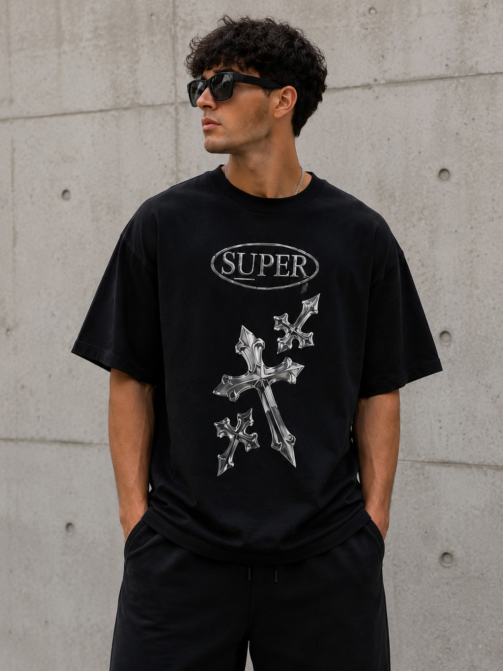 Super™ Chrome Cross Oversized Tee – Vintage Black