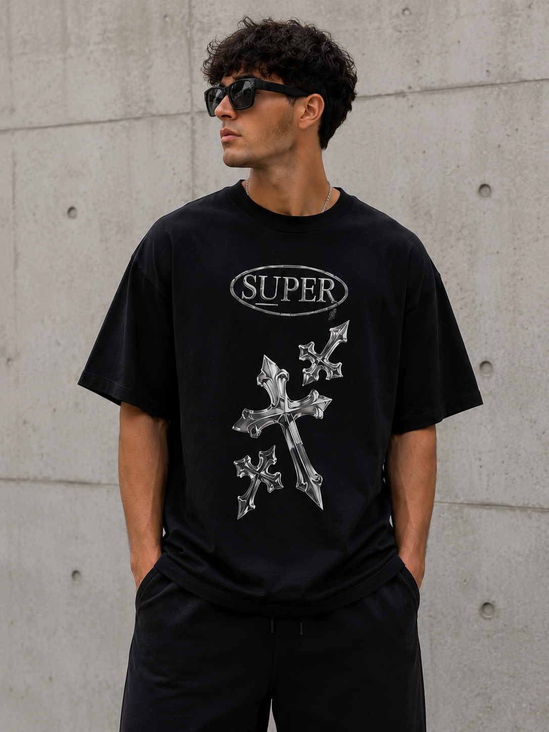 Super™ Chrome Cross Oversized Tee – Vintage Black